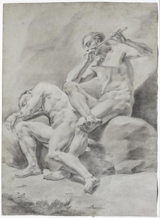 Zwei nackte Männer, schlafend und Flöte spielend, um 1750, Bleistift auf blauem  Papier, 64,4 ×…