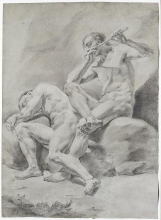 Zwei nackte Männer, schlafend und Flöte spielend, um 1750, Bleistift auf blauem  Papier, 64,4 ×…