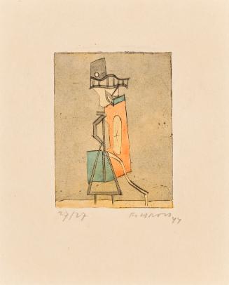 František Gross, Figur, 1944, Kolorierte Kaltnadelradierung auf Papier, 7,9 × 6 cm, Dauerleihga…