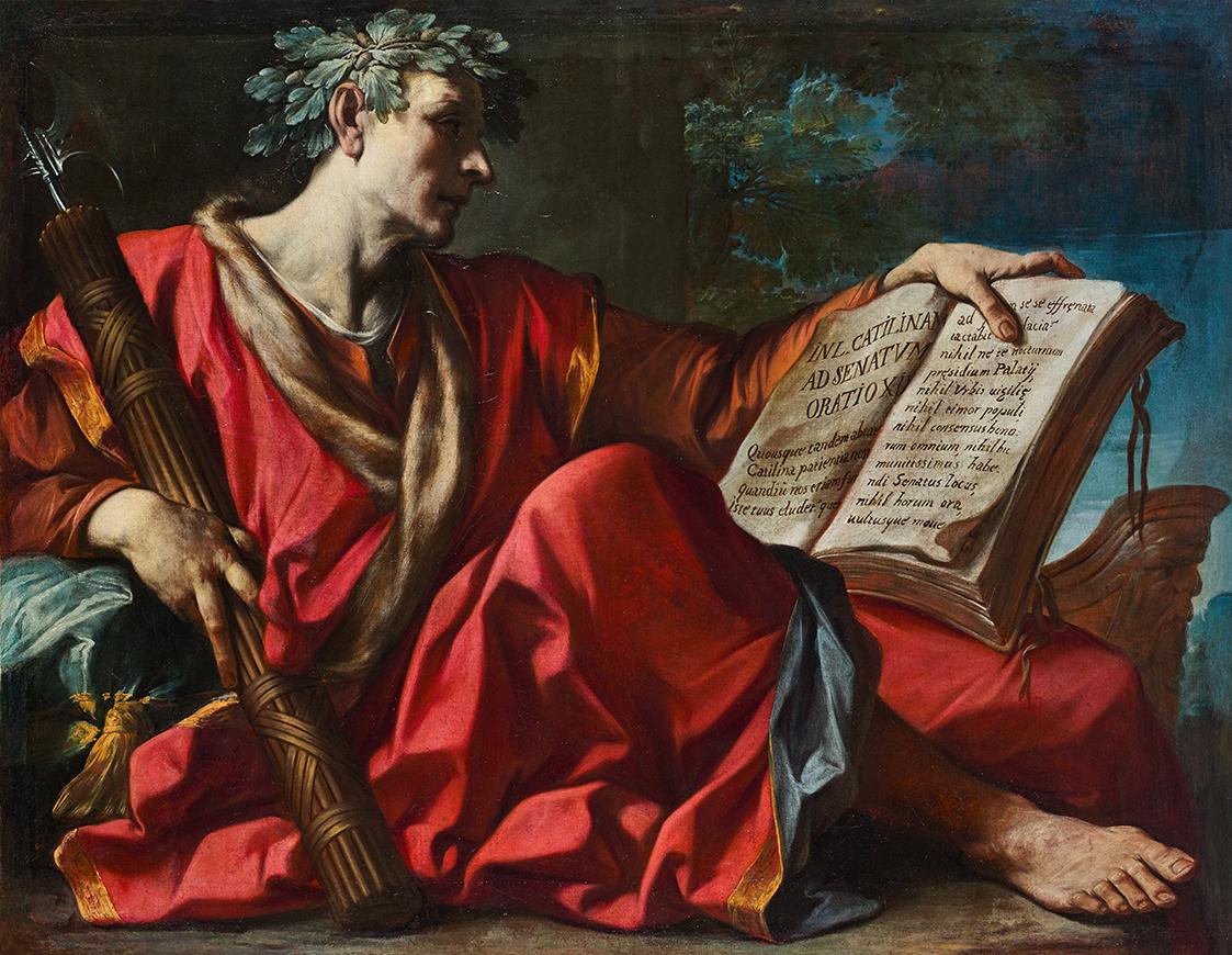 Giacomo Antonio Boni, Cicero sitzend, seine erste Rede gegen Catilina in der Hand, um 1720, Öl …