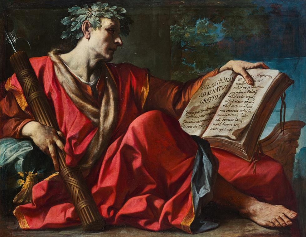 Giacomo Antonio Boni, Cicero sitzend, seine erste Rede gegen Catilina in der Hand, um 1720, Öl …