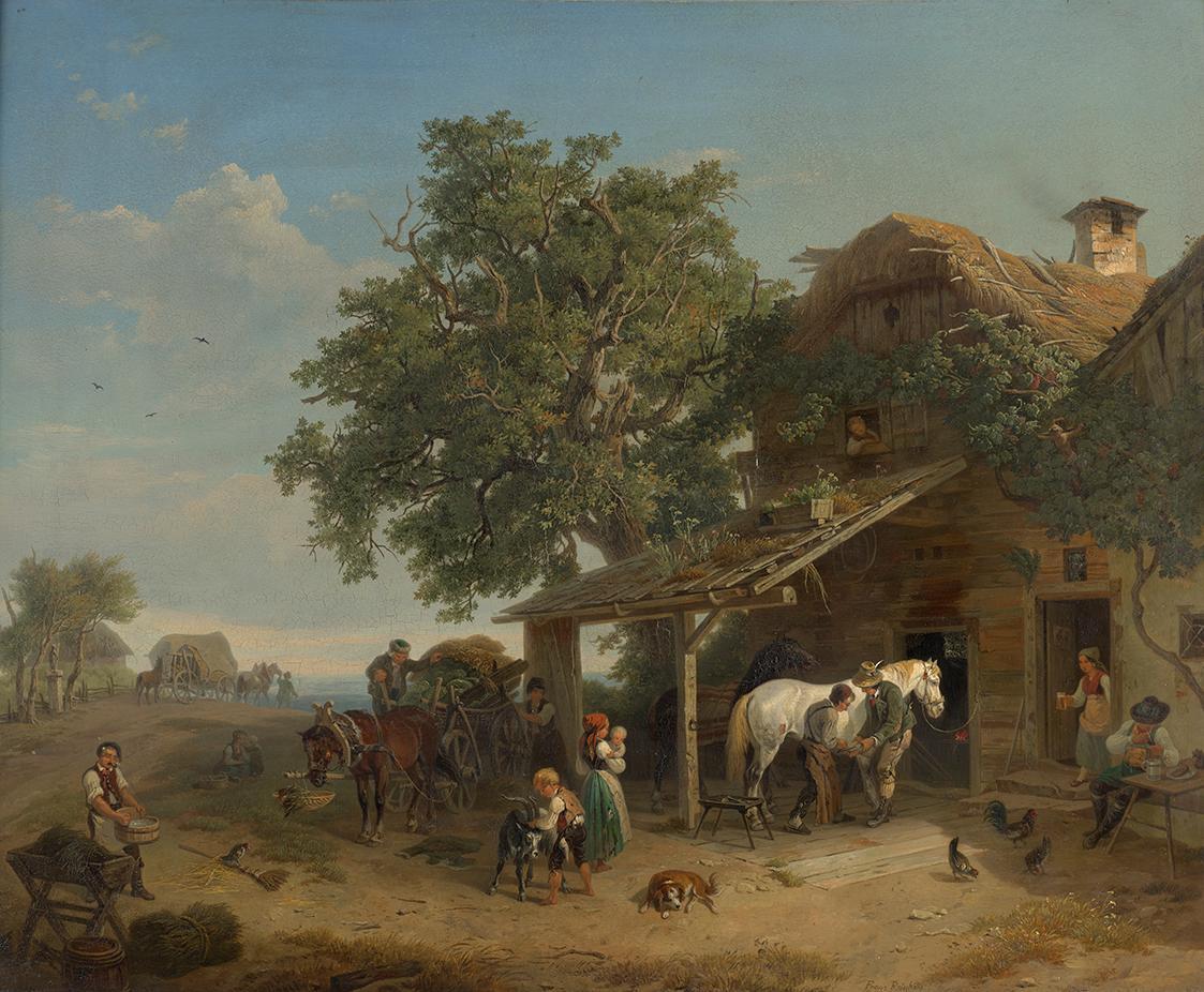 Franz Reinhold, Die Schmiede an der Heeresstraße, 1852, Öl auf Holz, 52 x 63 cm, Belvedere, Wie ...