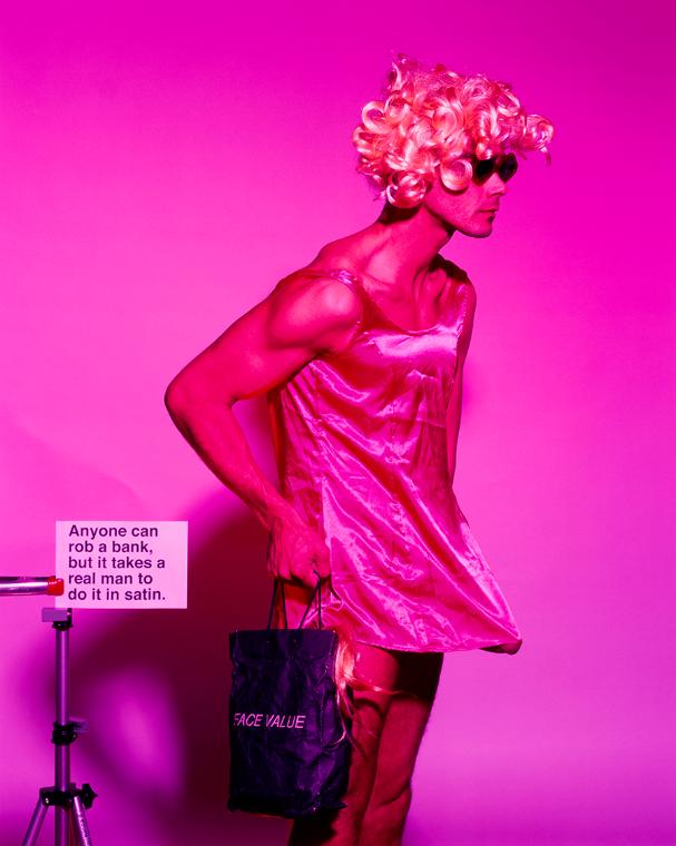 Matthias Herrmann, Anyone can rob a bank, but it takes a real man to do it in satin., 1997/2018…