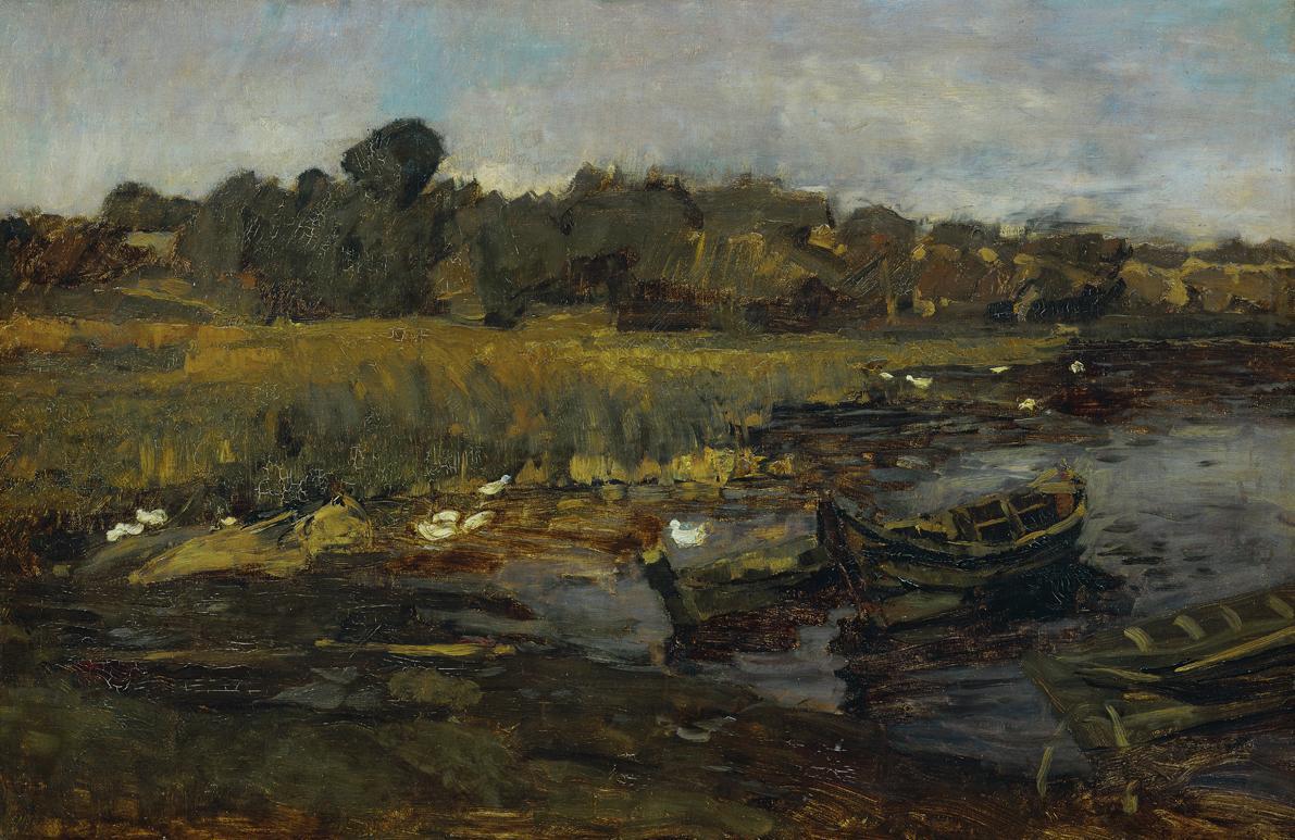 Carl Schuch, Schilflandschaft am Schwielowsee mit Enten, 1881, Öl auf Leinwand, 58 x 88 cm, Bel ...