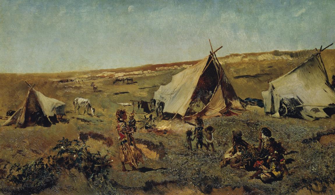 Anton Romako, Zigeunerlager in der Puszta, um 1875/1880, Öl auf Leinwand, 40,5 x 69,5 cm, Belve…