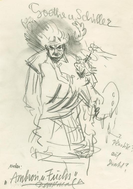 Robert Fuchs, Goethe und Schiller. Oder: Ambrosi und Fuchs, um 1972, Kohle auf Papier, 29,8 × 2…