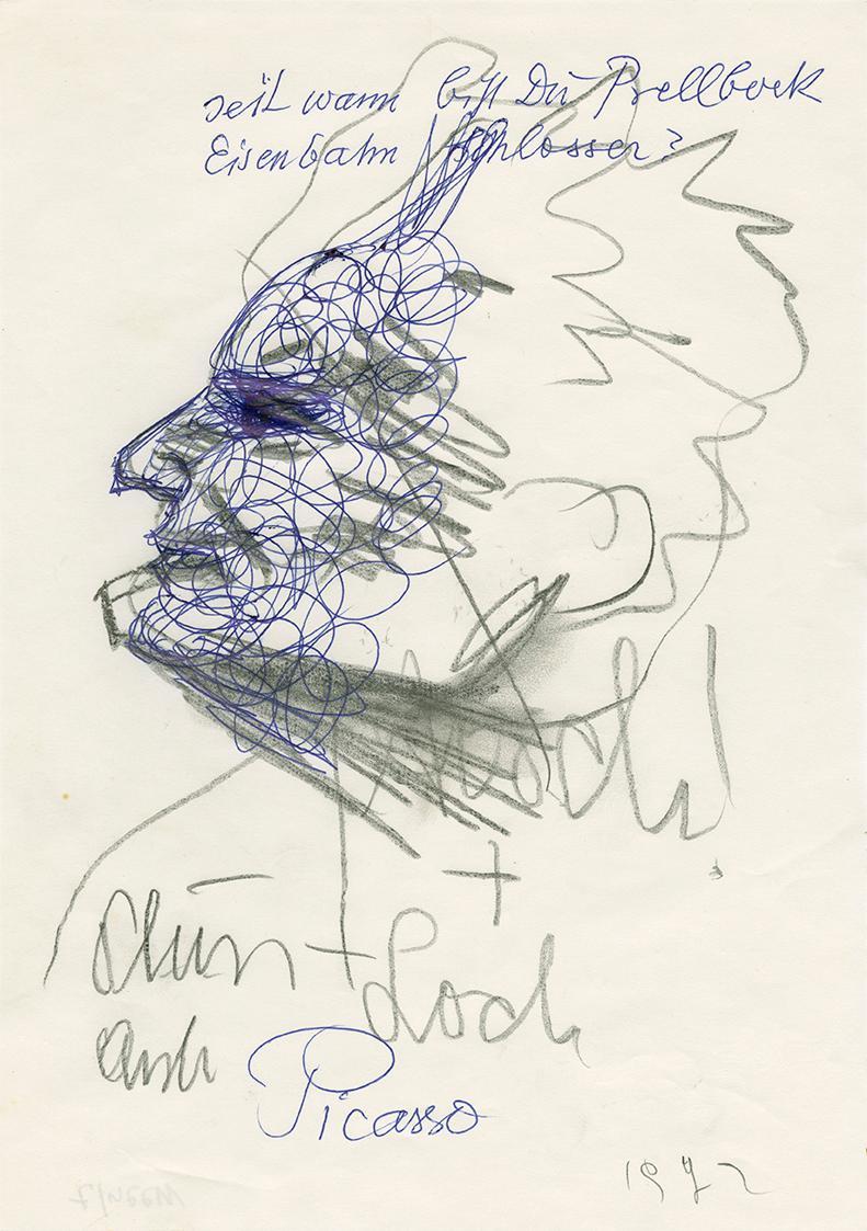 Robert Fuchs, Seit wann bist Du Prellbock Eisenbahn Schlosser, 1972, Bleistift und Kugelschreib…