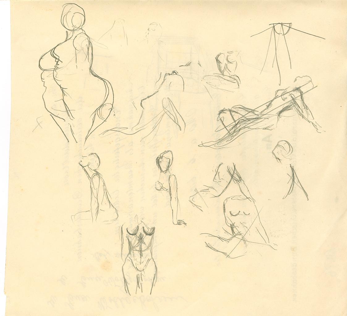 Gustinus Ambrosi, Studienblatt mit Detailstudien weiblicher Aktdarstellungen, um 1960, Bleistif…