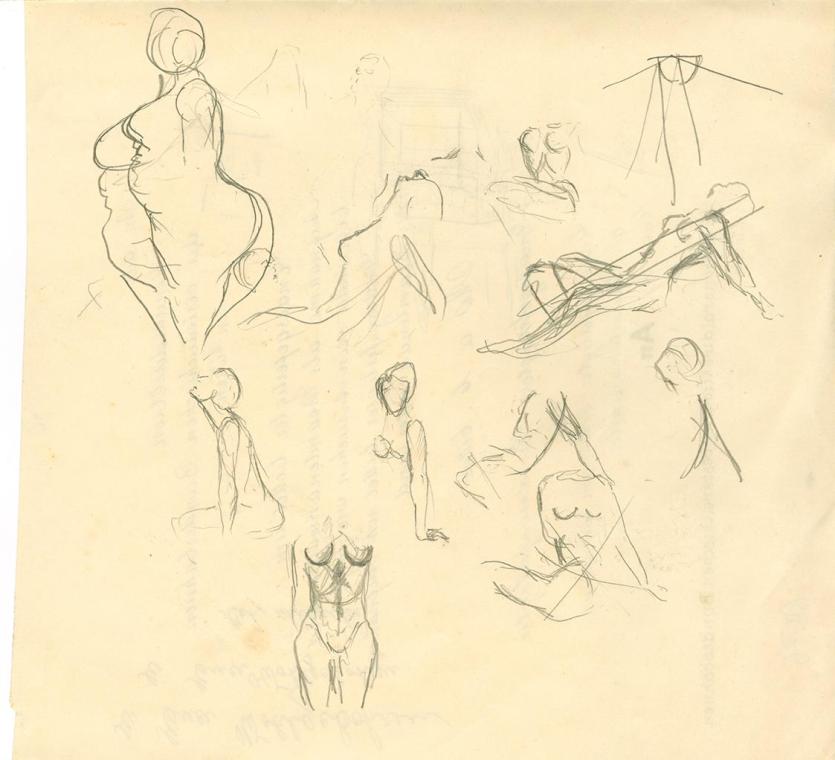 Gustinus Ambrosi, Studienblatt mit Detailstudien weiblicher Aktdarstellungen, um 1960, Bleistif…