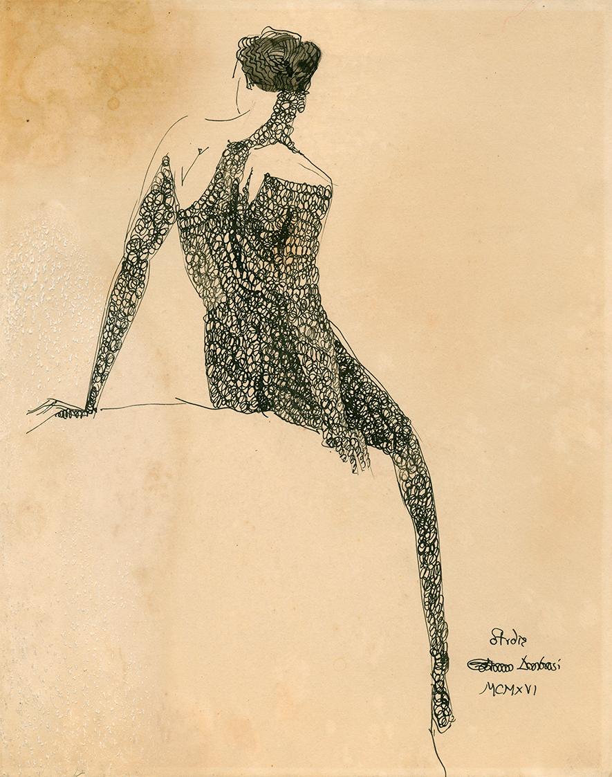 Gustinus Ambrosi, Studie. Rückenansicht eines sitzenden weiblichen Aktes, 1916, Tusche auf Papi…