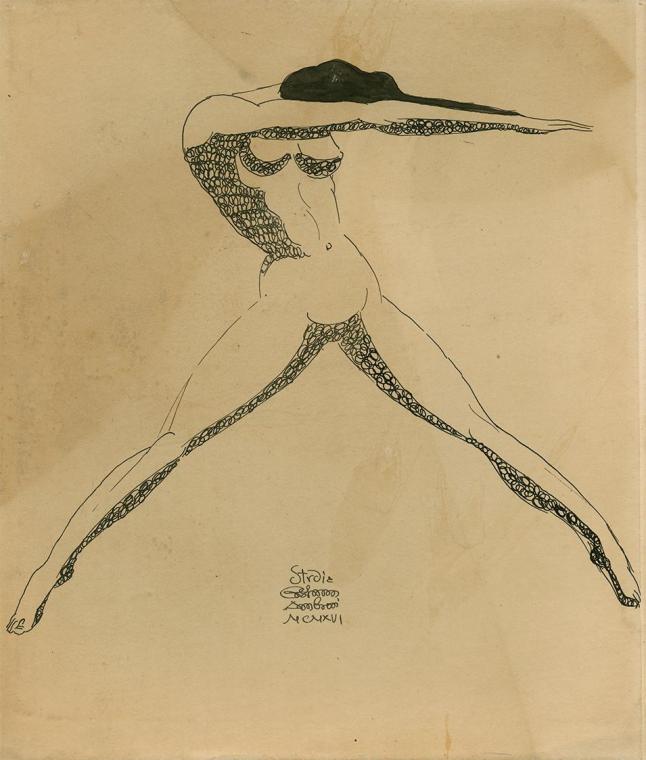 Gustinus Ambrosi, Studie. Stehender weiblicher Akt in weiter Schrittstellung, 1916, Tusche auf …