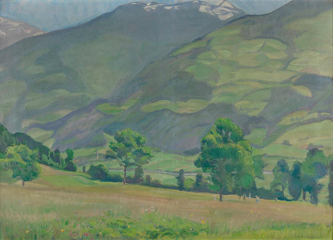 Hermann Grom-Rottmayer, Sonniges Tal, vor 1916, Öl auf Leinwand, 76 x 105 cm, Belvedere, Wien, …