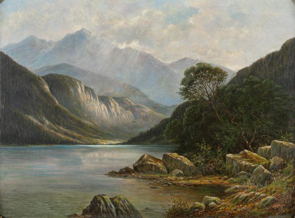 Franz Stephan Paschinger, Badersee mit Wetterstein, um 1900/1910, Öl auf Leinwand, 85 x 115 cm,…