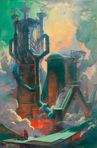 Paul Kirnig, Stahlwerk, 1932/1940, Öl auf Holz, 180,5 × 118,5 cm, Belvedere, Wien, Inv.-Nr. 118…