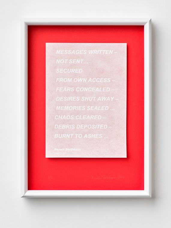 Renate Bertlmann, Ohne Titel, 2020, Heißfolienprägung auf weißem Japanpapier, gerahmt, 29,7 × 2…