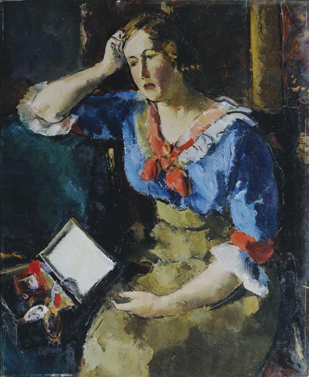 Anton Faistauer, Sitzende Dame in blauer Bluse, um 1912 /1913, Öl auf Leinwand, 96 x 79,5 cm, B…