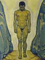Koloman Moser, Stehender Jünglingsakt zwischen Felsen, um 1915, Öl auf Leinwand, 50,5 x 37,5 cm…