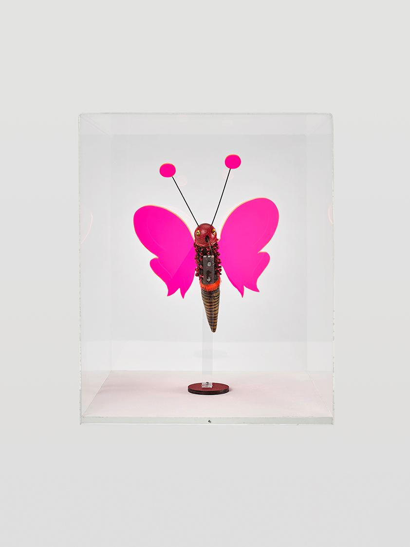 Renate Bertlmann, Farphalla Impudica 4, 1985, Mischtechnik, Goldlack, Flitter, Plexiglas, Metal…