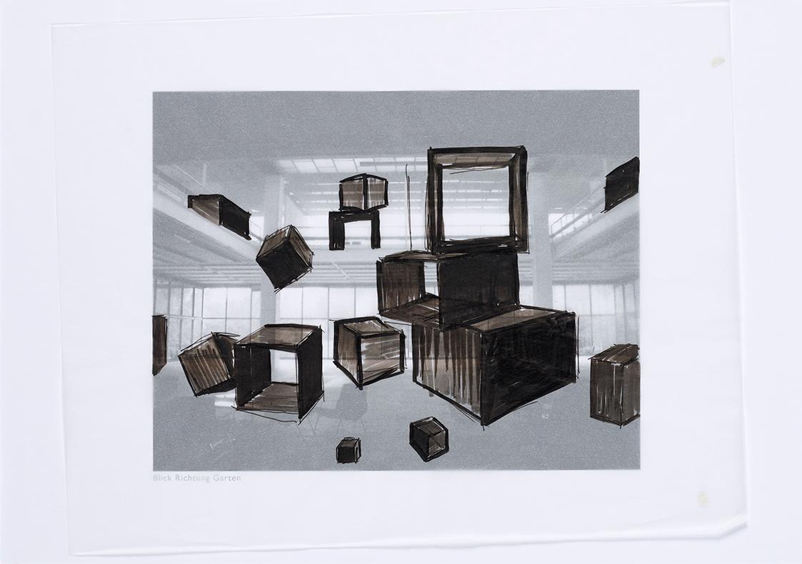 Esther Stocker, Entwurf zum Display für die Ausstellung "Utopie Gesamtkunstwerk", 2011, Schwarz…