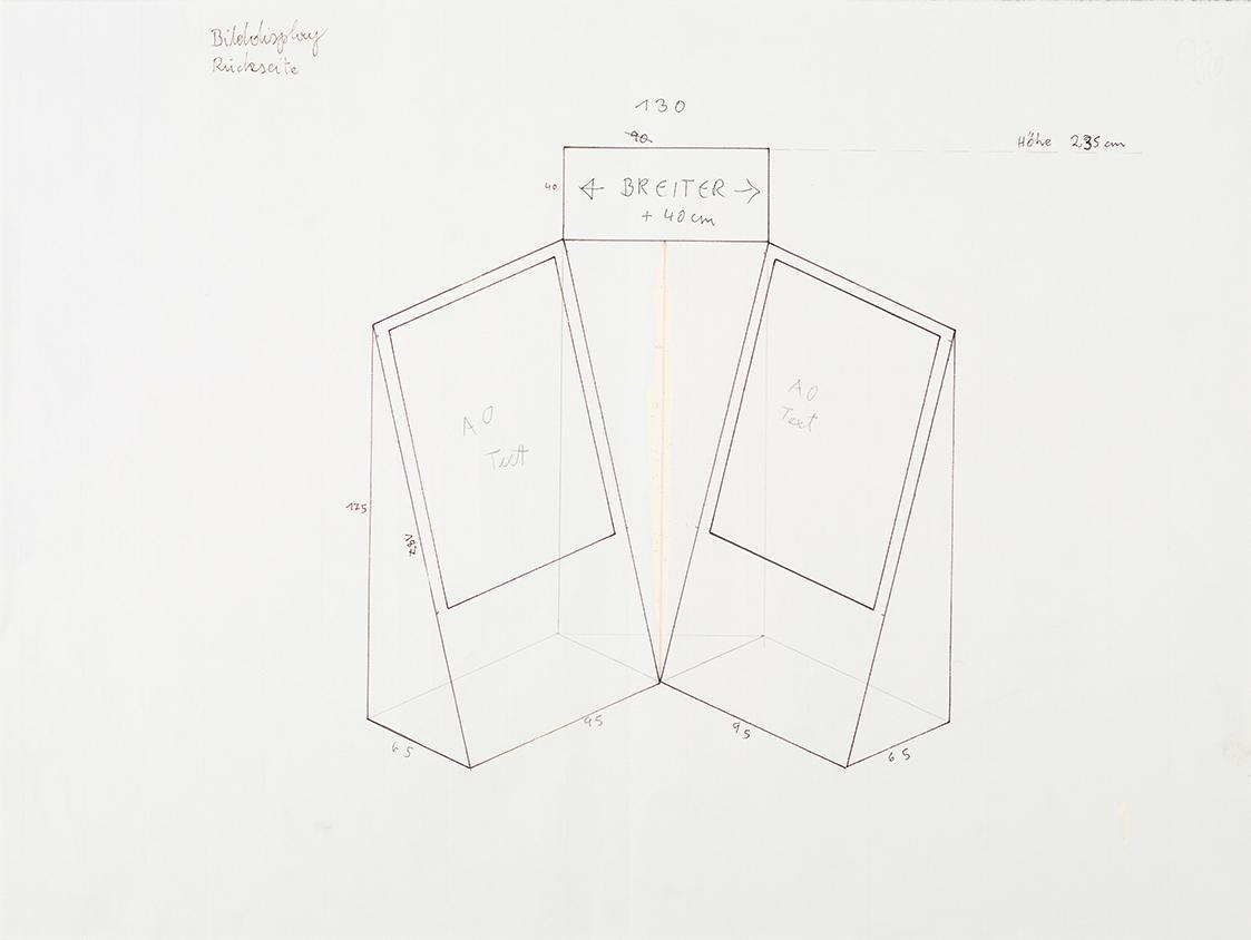 Tillman Kaiser, Entwurfsskizze zum Display einer Ausstellung im Prunkstall, 2010, Bleistift auf…