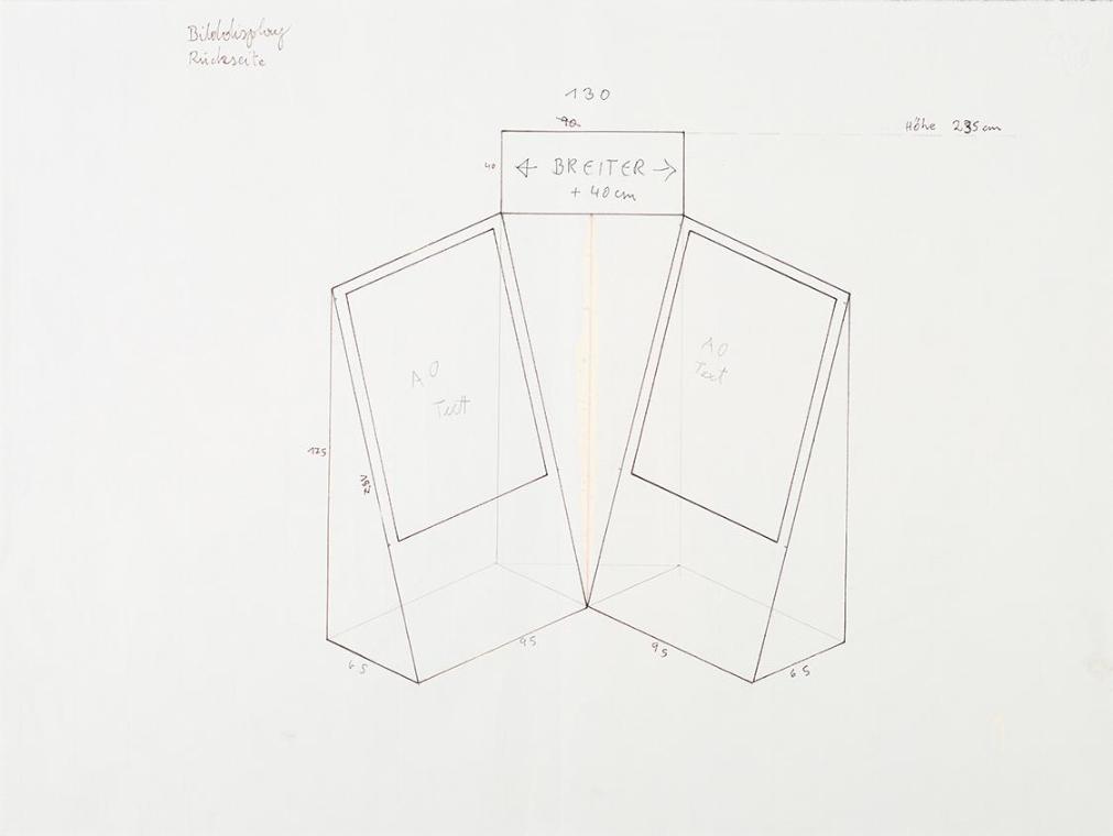 Tillman Kaiser, Entwurfsskizze zum Display einer Ausstellung im Prunkstall, 2010, Bleistift auf…