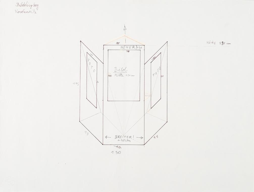 Tillman Kaiser, Entwurfsskizze zum Display einer Ausstellung im Prunkstall, 2010, Bleistift auf…