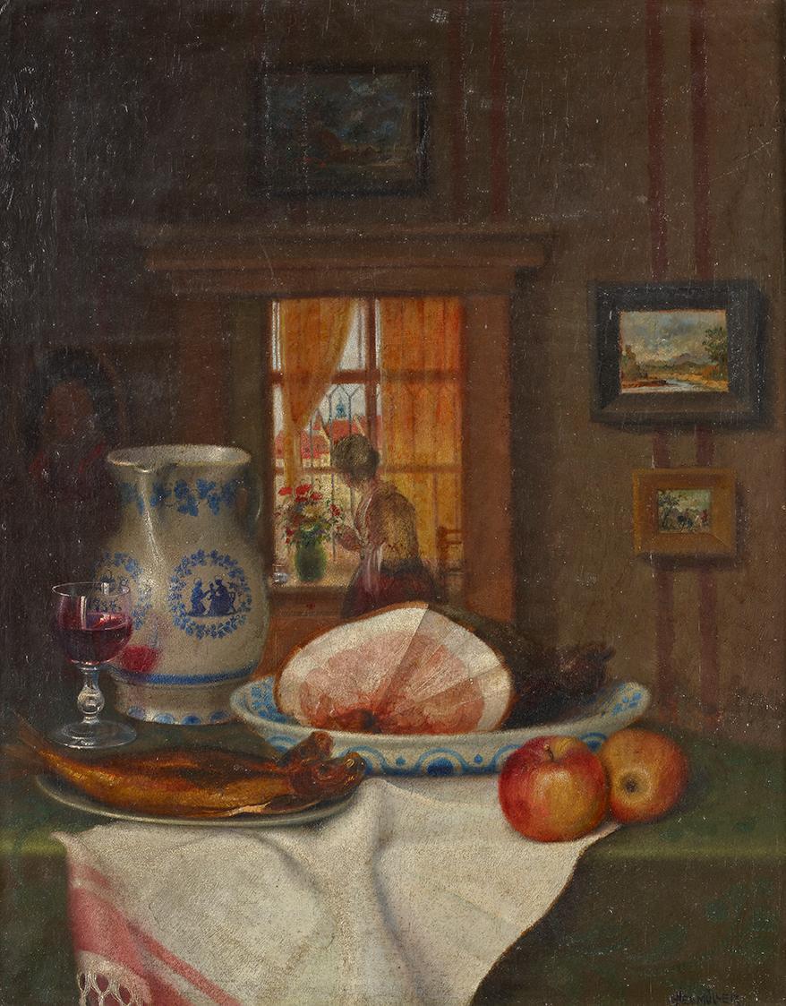 Neumüller, Stillleben mit Interieur, undatiert, Öl auf Holz, 61 × 48,5 cm, Schenkung aus Privat…