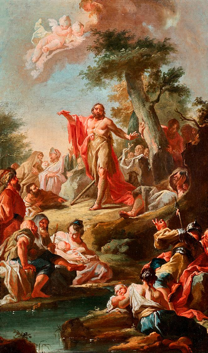 Johann Lucas Kracker, Die Predigt Johannes des Täufers, um 1750, Öl auf Leinwand, 48,5 x 24 cm,…