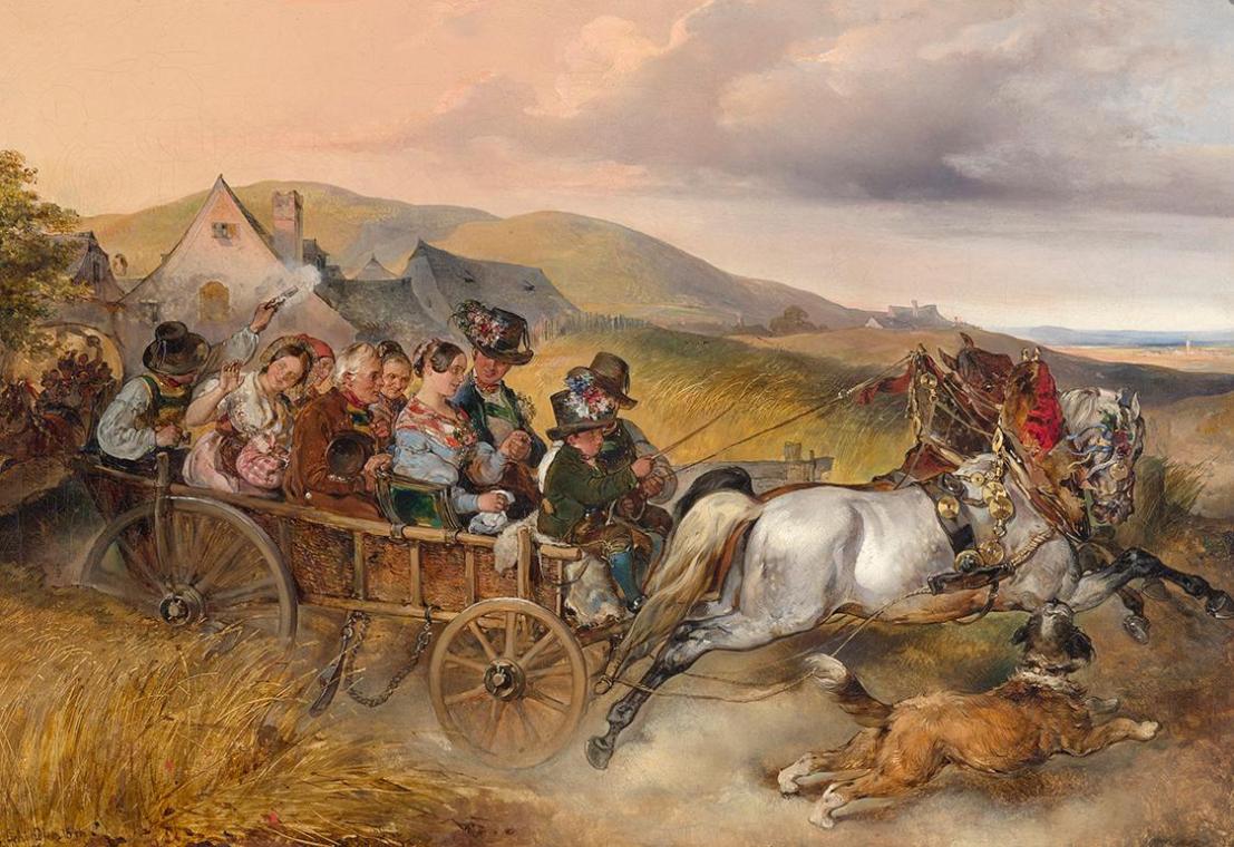 Carl Schindler, Die Hochzeitsfahrt, 1841, Öl auf Leinwand, 40 x 58 cm, Belvedere, Wien, Inv.-Nr ...