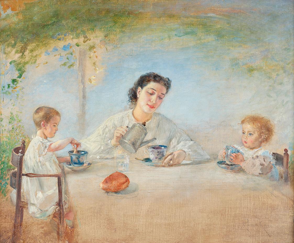 Anton Romako, Die Familie des Künstlers beim Frühstück, 1872/1873, Öl auf Leinwand, 35,5 x 45,5 ...