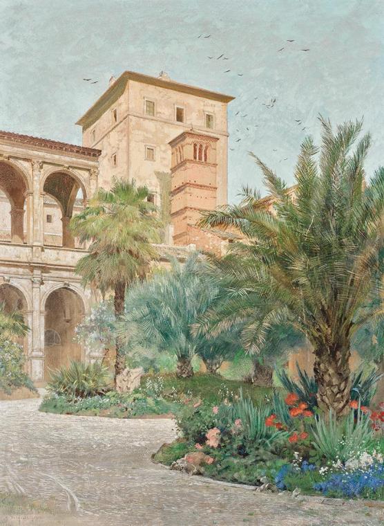 Othmar Brioschi, Vedute der Botschaft in Rom: Garten mit Blick auf Bogengänge, um 1890/1900, Bl…