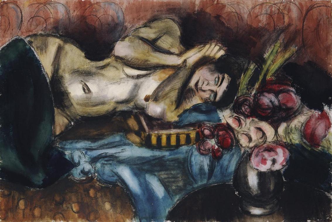 Henri Victor Gabriel Le Fauconnier, Halbakt mit Rosenstrauß, um 1920, Aquarell, Kohle auf Papie ...