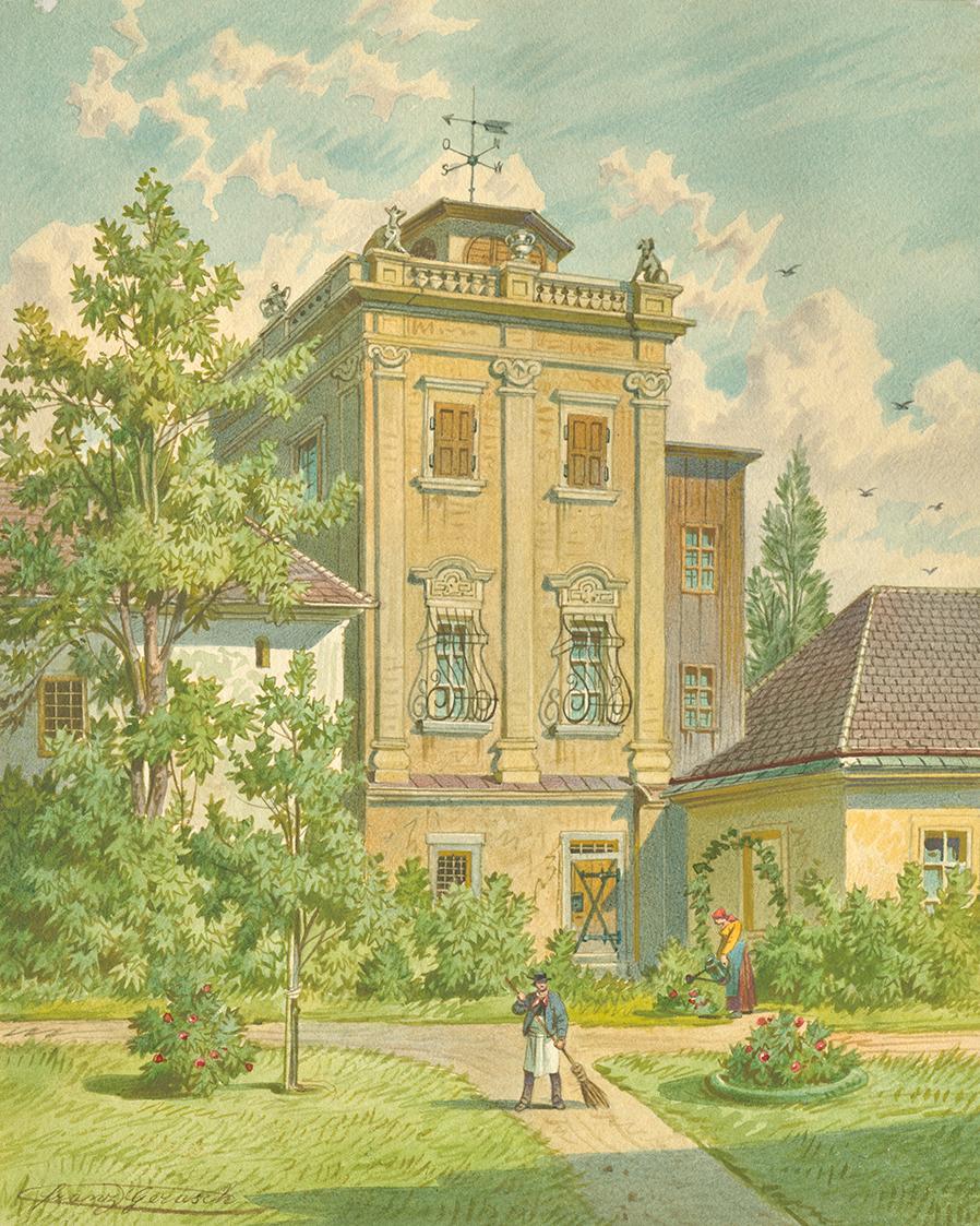 Franz Gerasch, Der alte Hundsturm im 5. Wiener Gemeindebezirk, undatiert, Aquarell auf Papier, …