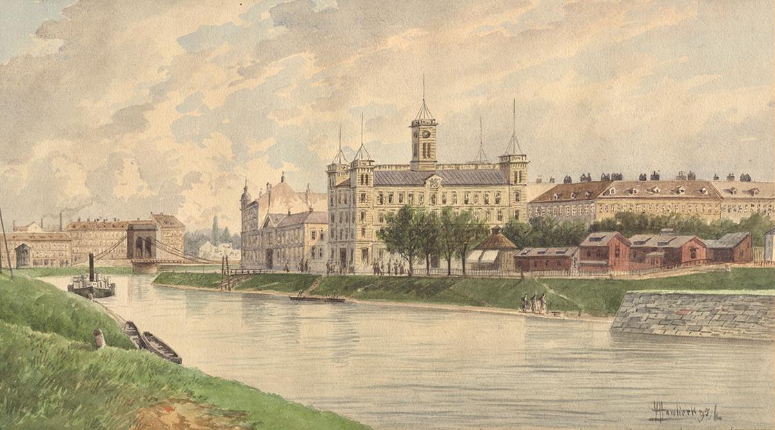 Vincenz Havlicek, Die Weissgärber Lände in Wien mit dem Donau-Dampfschiffahrtsgebäude, 1895, Aq ...