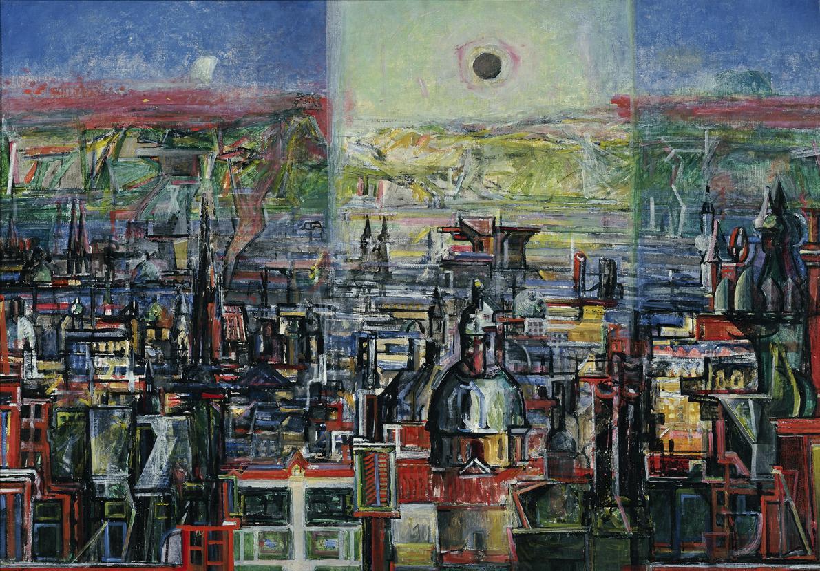 Gerhart Frankl, Blick auf Wien vom Belvedere II, 1947-1948, Tempera, Tusche auf Leinwand, 127 x ...