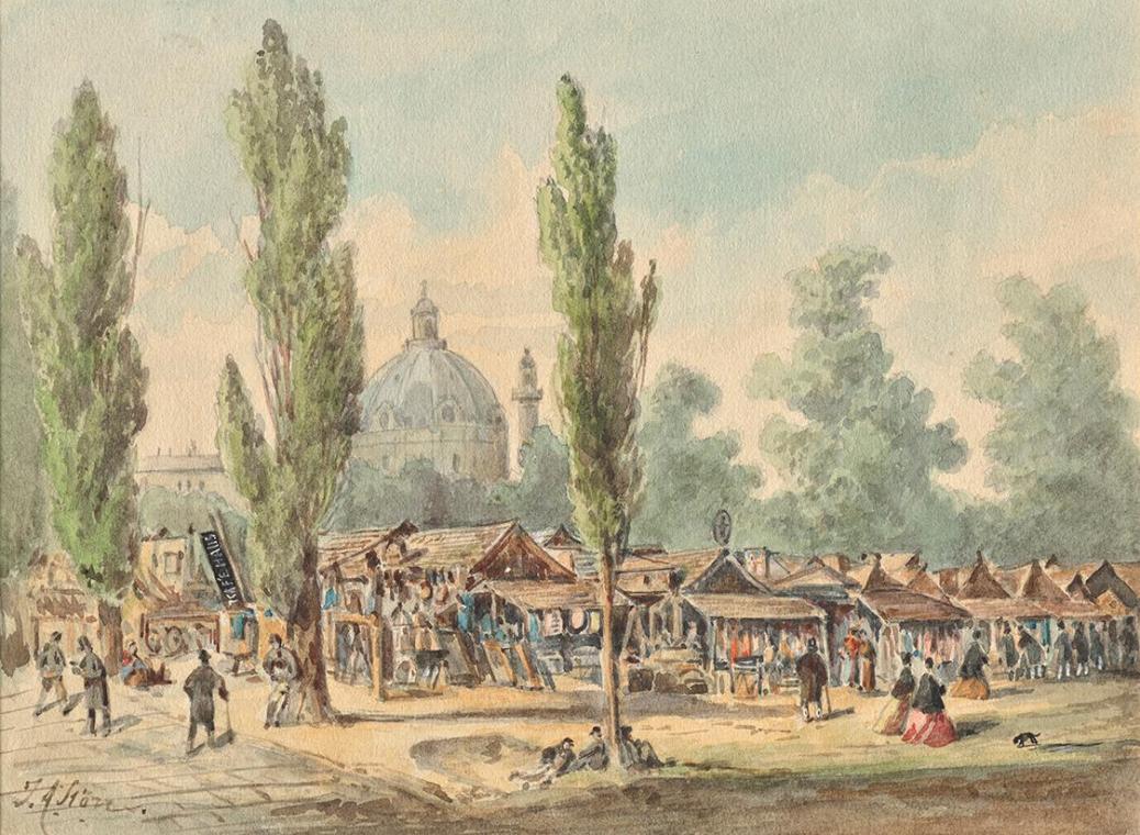 J. A. Störr, Der alte Tandelmarkt in Wien, undatiert, Aquarell auf Papier, 17 × 23,1 cm, Belved ...