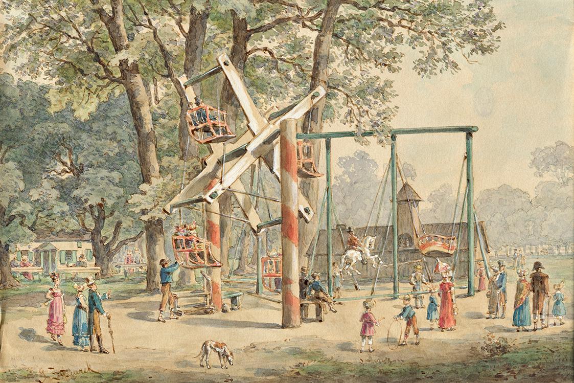 Gustav Zafaurek, Haspel und Schaukel im Wurstelprater in Wien, um 1900, Aquarell auf Papier, 14 ...