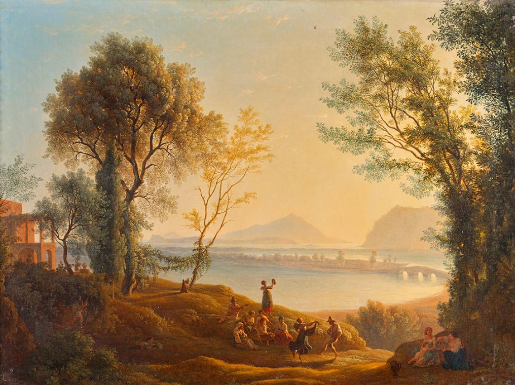 Joseph Rebell, Italienische Landschaft mit Sonnenuntergang, 1825, Öl auf Leinwand, 72,5 x 99 cm…