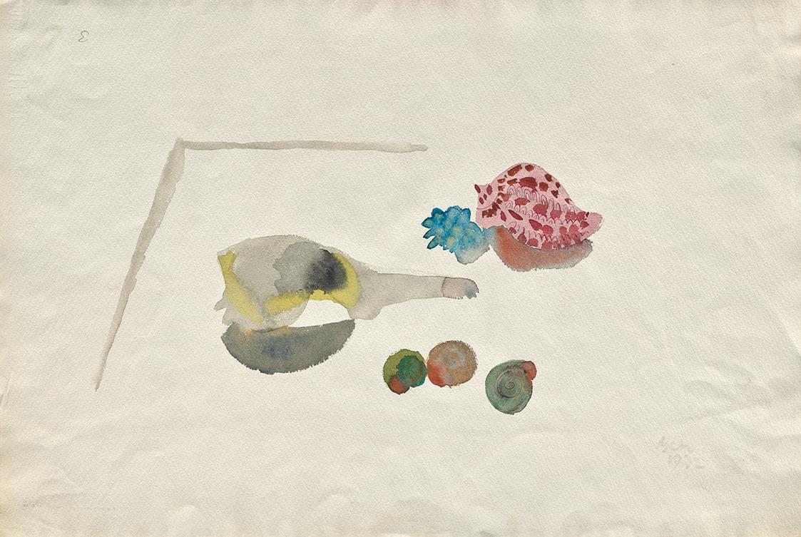 Unbekannter Künstler, Stillleben mit Schnecken, 1972, Aquarell auf Papier, Blattmaße: 39 × 58 c…