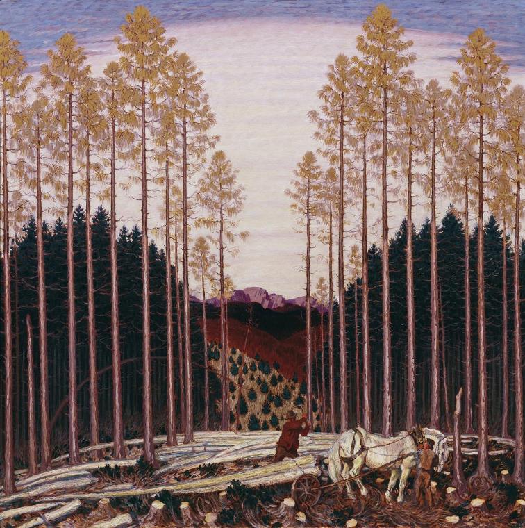 Ferdinand Andri, Der Holzschlag, 1907, Öl auf Eternit, 118,5 x 118,5 cm, Belvedere, Wien, Inv.-…