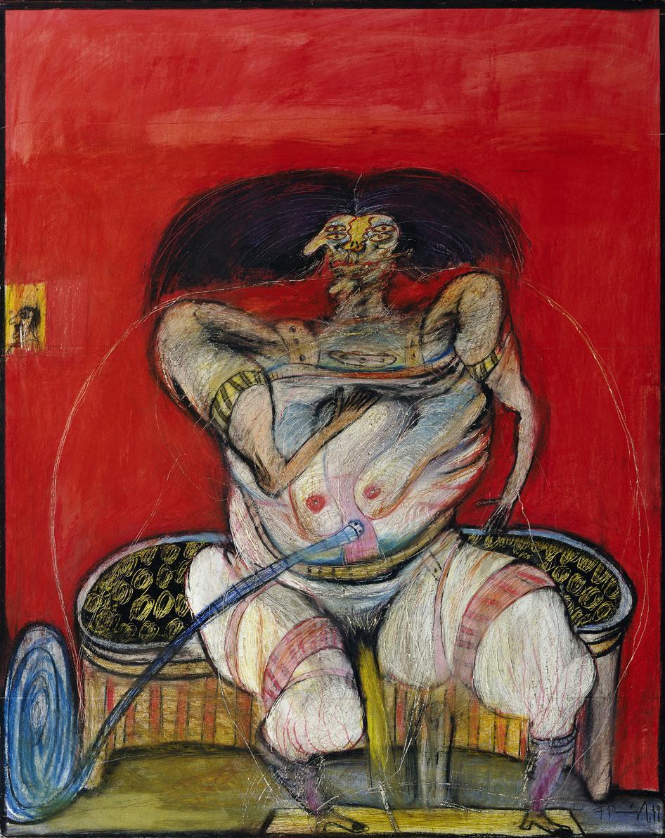 Franz Ringel, Die Manipulierte, 1979, Mischtechnik auf Papier auf Platte, 150 x 120 cm, Belvede ...