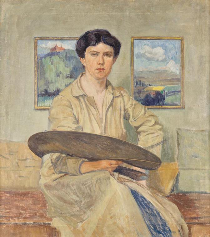 Emilie Dworský, Selbstporträt mit Palette, undatiert, Öl auf Leinwand, 110,5 × 100 cm, Belveder ...