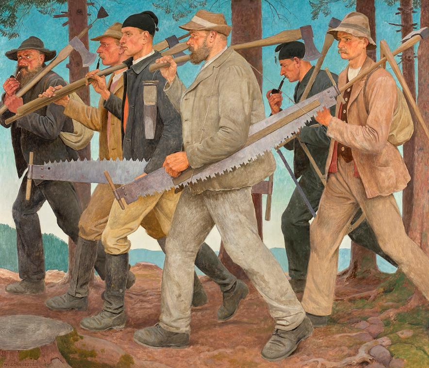 Hans Schroedter, Bauerngruppe, Holzfäller, 1939, Tempera auf Hartfaserplatte, 107 x 125 cm, Bel…