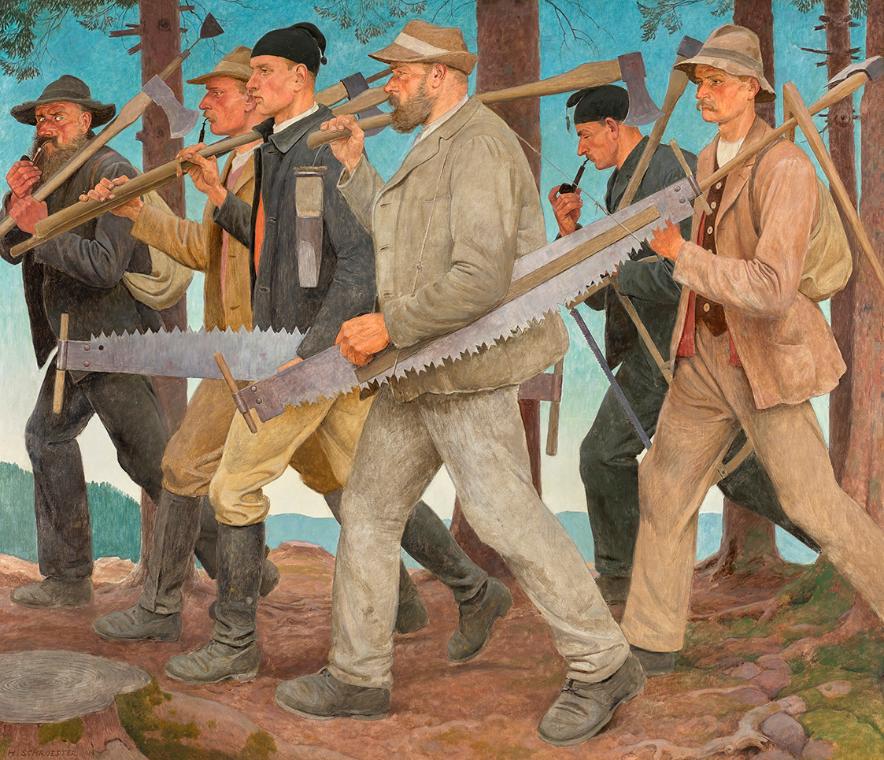 Hans Schroedter, Bauerngruppe, Holzfäller, 1939, Tempera auf Hartfaserplatte, 107 x 125 cm, Bel ...