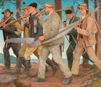 Hans Schroedter, Bauerngruppe, Holzfäller, 1939, Tempera auf Hartfaserplatte, 107 x 125 cm, Bel…
