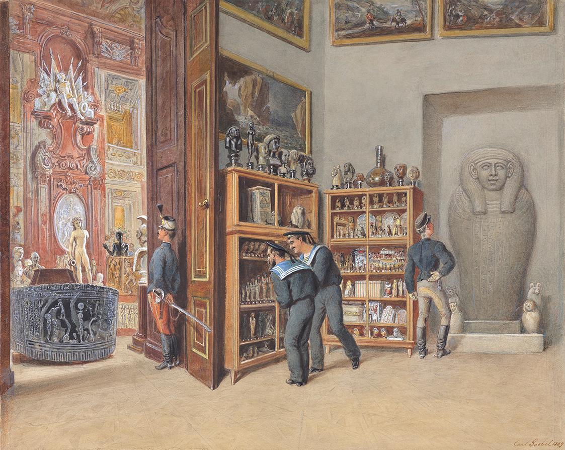 Carl Goebel, Das Eintrittskabinett in die ägyptische Sammlung, 1889, Aquarell auf Papier, 41 × …