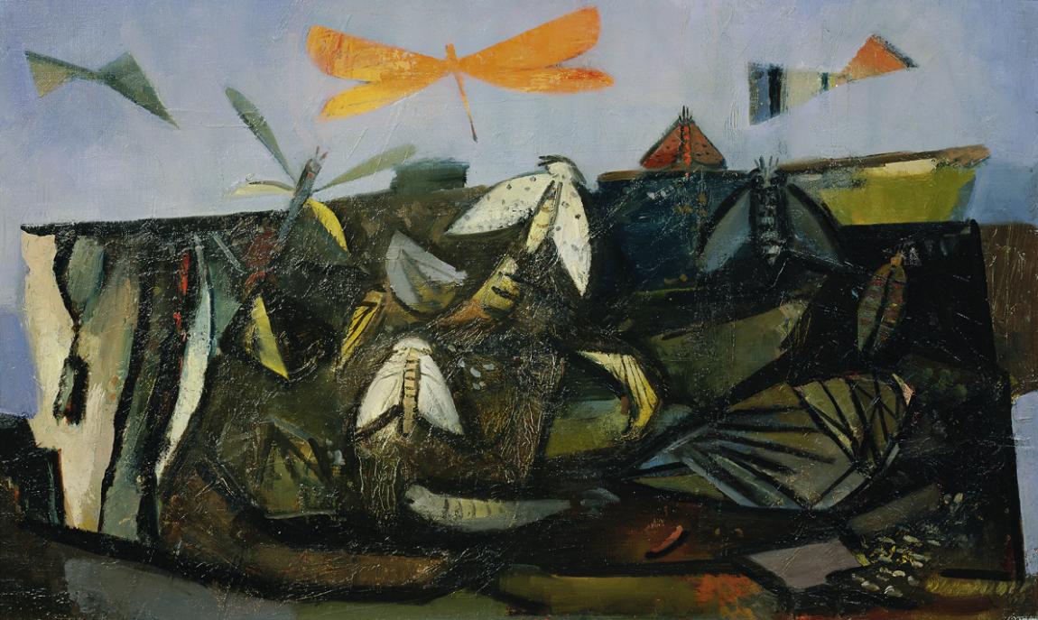 Peter Richard Oberhuber, Insektenparadies, 1960, Öl auf Leinwand auf Hartfaserplatte, 50,5 x 85 ...