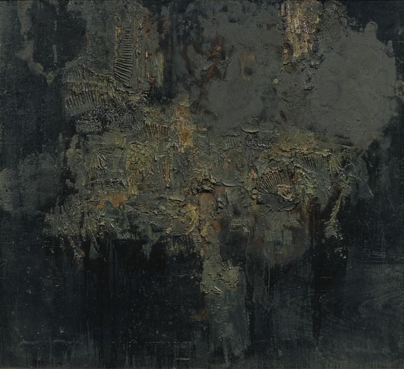 Hans Bischoffshausen, Dunkle Struktur, 1957, Öl und Sand auf Sperrholz, 90 x 100 cm, Artothek d…