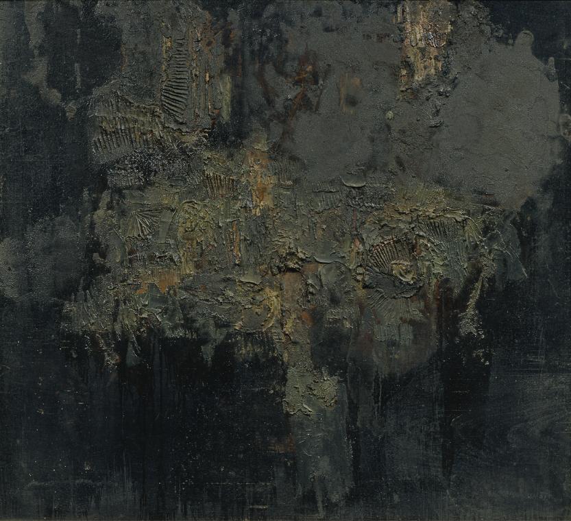 Hans Bischoffshausen, Dunkle Struktur, 1957, Öl und Sand auf Sperrholz, 90 x 100 cm, Artothek d ...