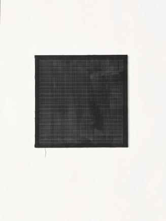 Nicolas Jasmin, Untitled, 2018, Laserentfernte Mischtechnik auf Sackleinen, 31,3 × 31,3 cm, Bel…